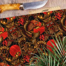 Ткань шелк Армани красный самурай, катаны и рыбы на чёрном фоне