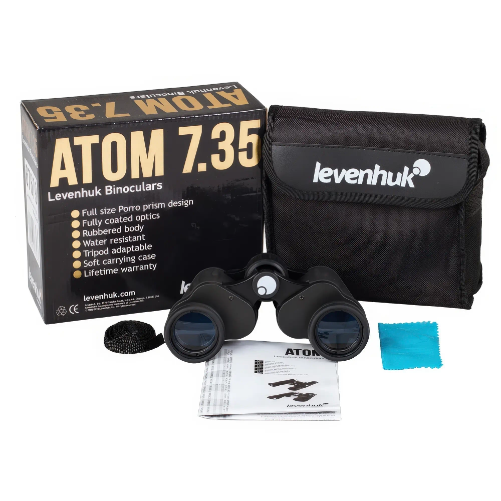 Бинокль Levenhuk Atom 7x35 - комплектация с чехлом, коробкой и аксессуарами