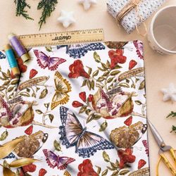 Ткань саржа красные цветы, гранаты и бабочки