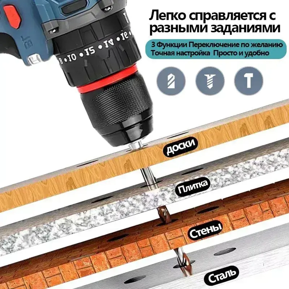 шуруповерт аккумуляторный, KIRO, с функцией выбивания,21 В, 65 Нм , бесщеточный, шуруповёрт с двумя 2000mah аккумуляторами, ящик для инструментов