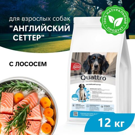 Корм сухой для взрослых собак породы Английский сеттер, премиум полнорационный комплекс, с лососем, 12 кг, QUATTRO