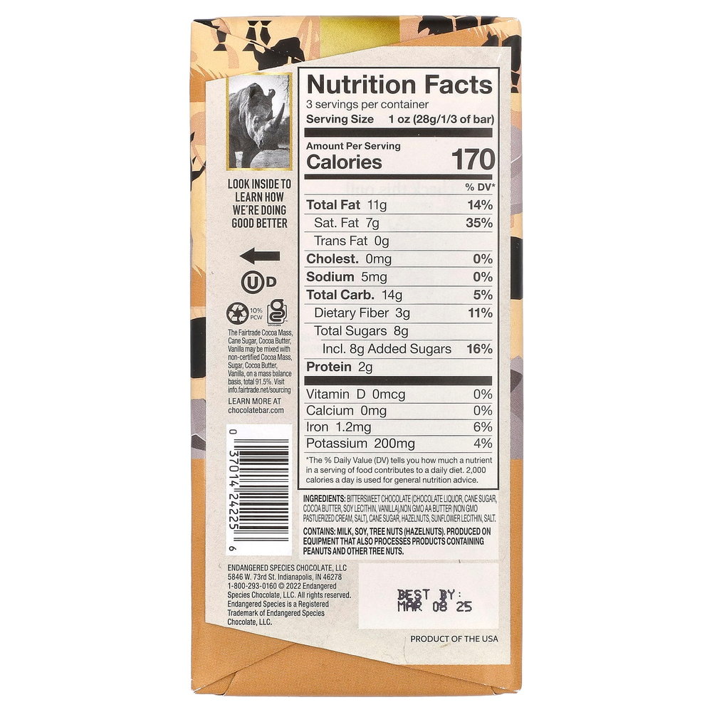 Endangered Species Chocolate, темный шоколад с лесными орехами и ирисом, 72% какао, 85 г (3 унции)