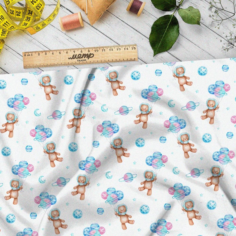 Ткань атлас мишки-космонавты с воздушными шарами