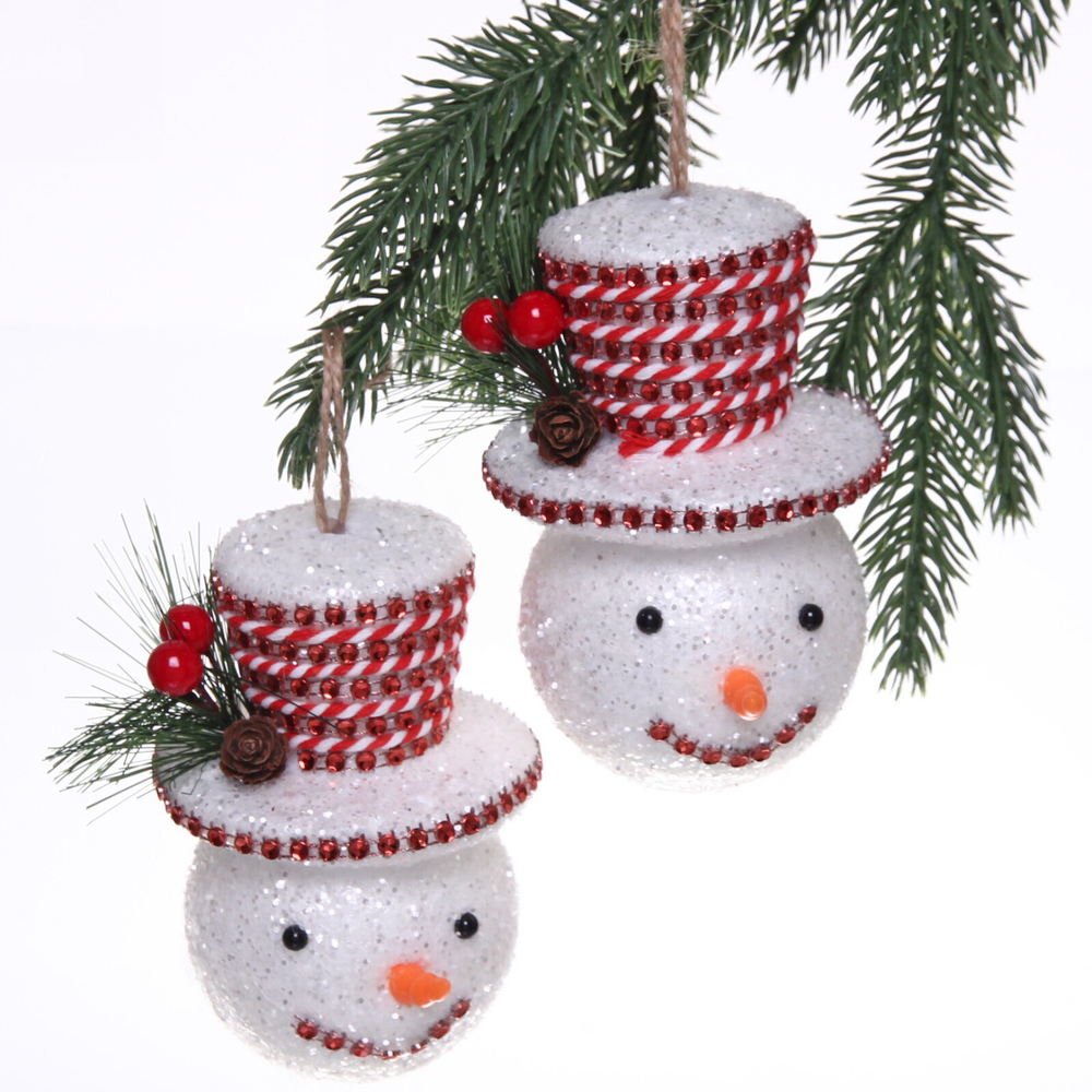 Ёлочные игрушки «Снеговик в шляпе со стразами» 10 см (набор 2 шт), Красный