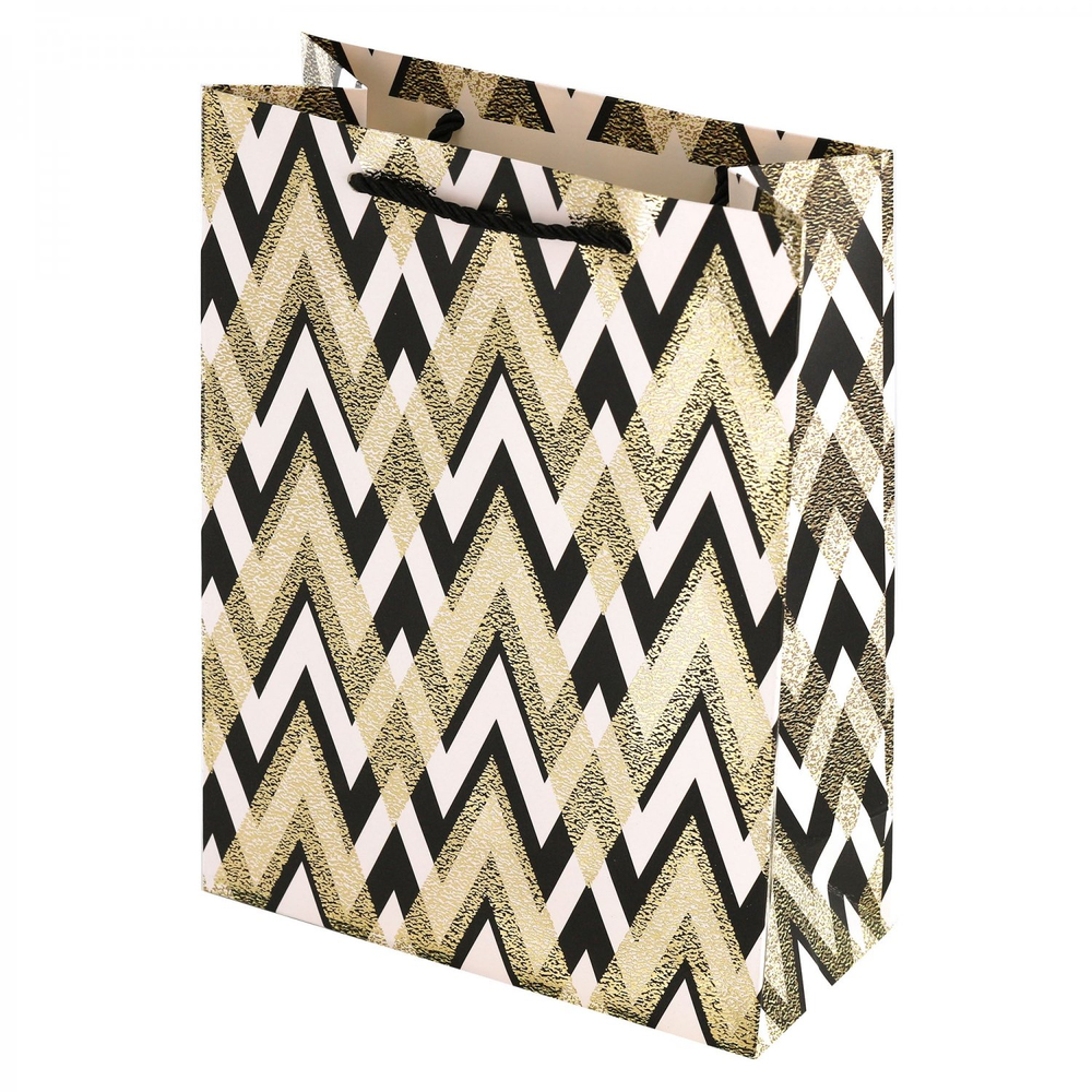 Пакет подарочный бумажный Alingar, (L+) 26х32х10 см,вертикальный, "Черно-белый паттерн", ламинация, тиснение фольга, ассорти