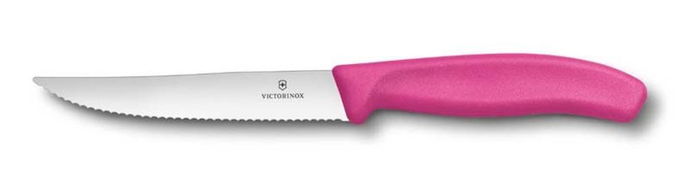 Фото нож для стейка VICTORINOX SwissClassic лезвие из нержавеющей стали 12 см с волнистой заточкой розовая пластиковая рукоять с гарантией