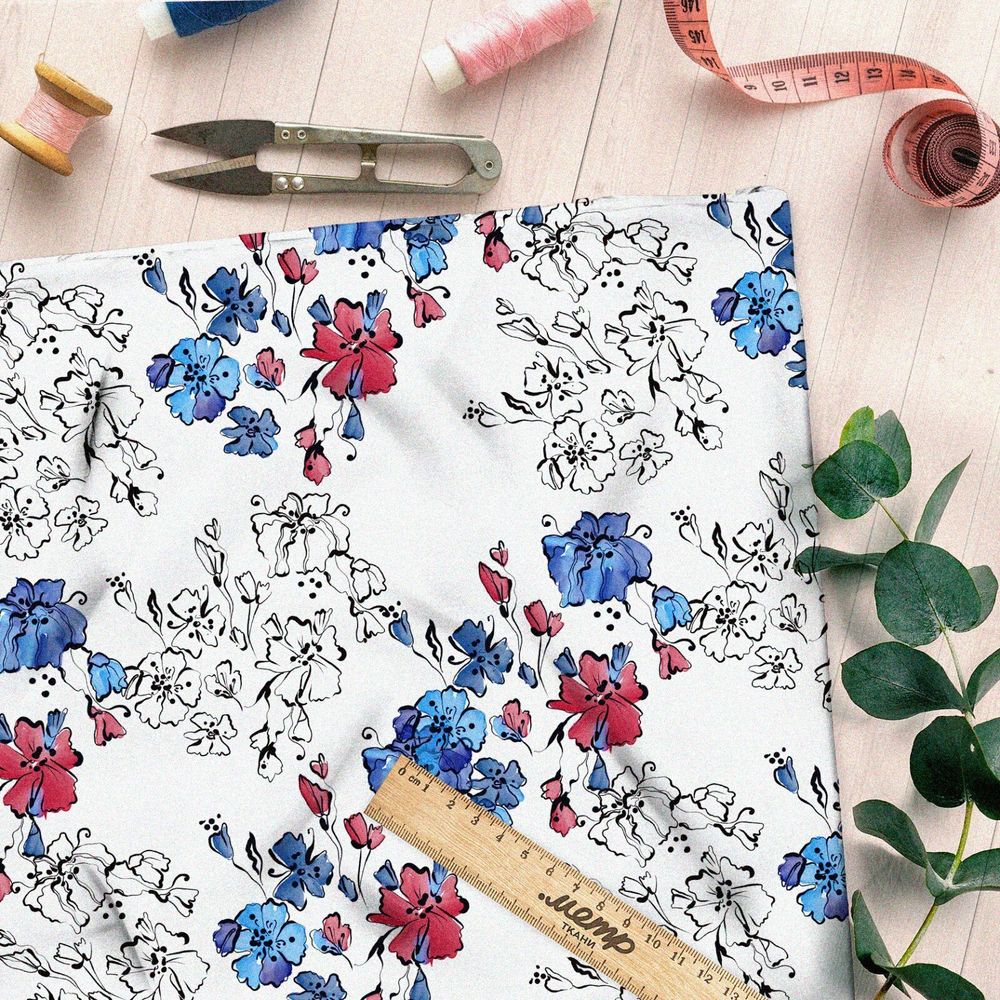 Ткань муслин полевые цветочки с контурами