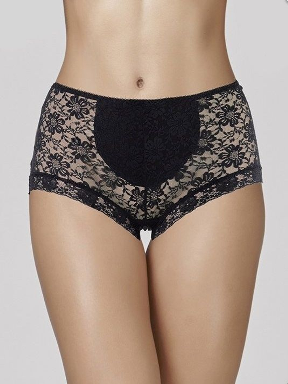 Трусики-слип с завышенной линией талии из хлопка и цветочного кружева (Размер: XL) (Цвет: черный)