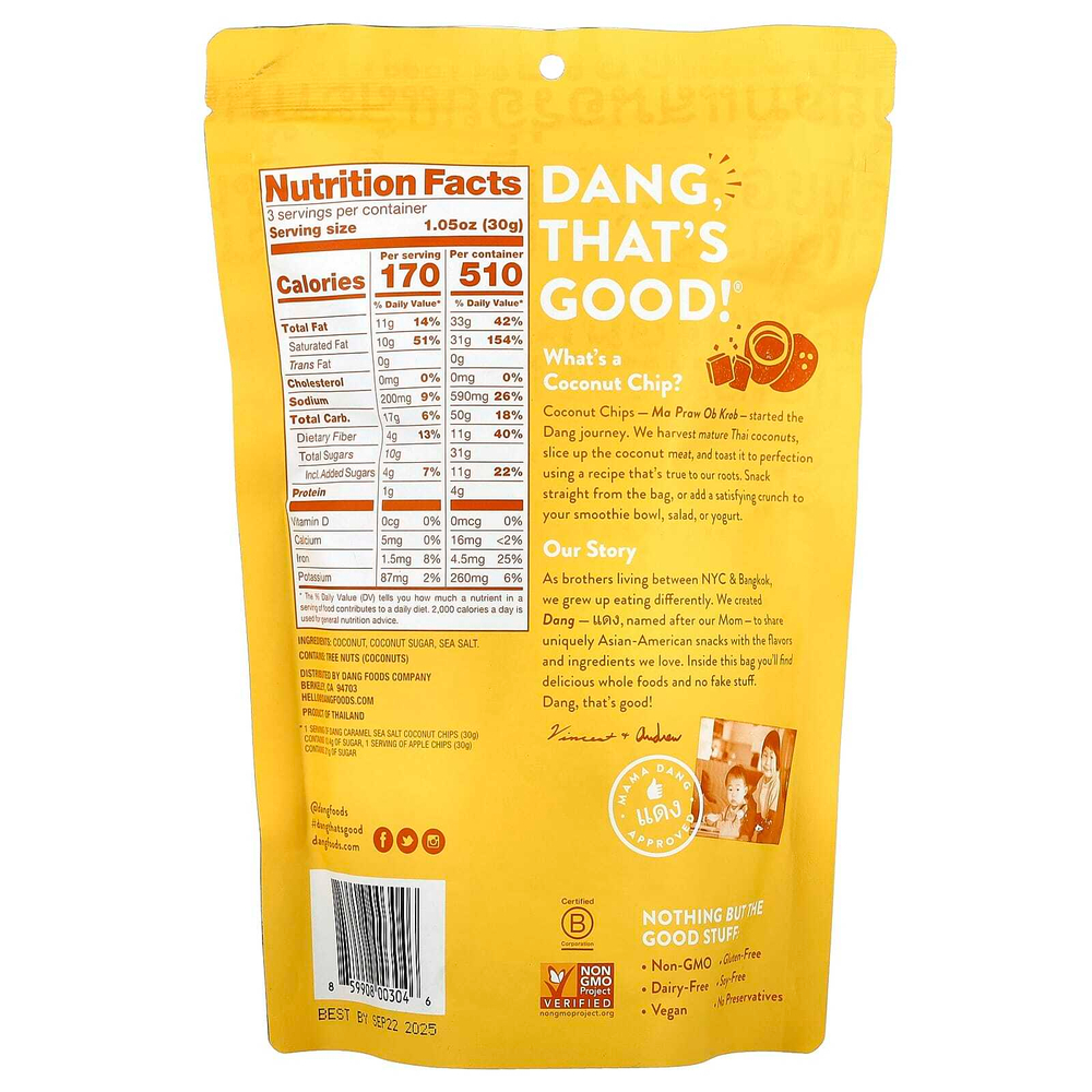 Dang Foods, Кокосовые чипсы, карамель и морская соль, 3.17 унц. (90 г)