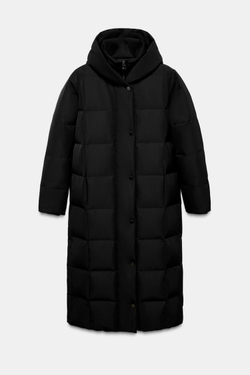 ZARA ДЛИННЫЙ ПУХОВИК С КАПЮШОНОМ WATER REPELLENT WINDPROOF, ЧЕРНЫЙ