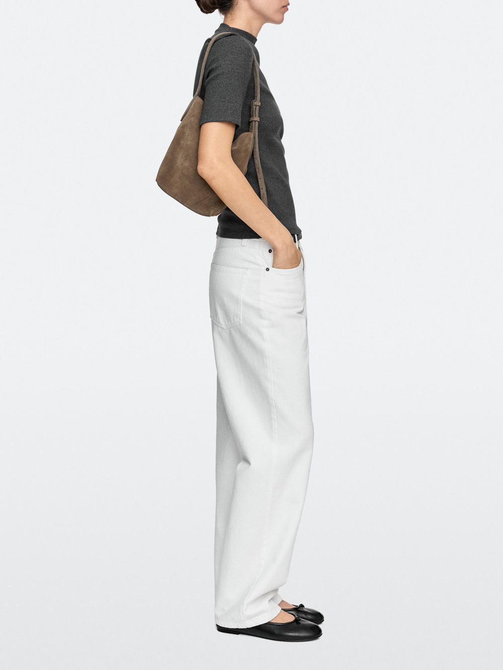 Massimo Dutti Мини-сумка-ведро из натуральной кожи и кожи, серо-коричневый