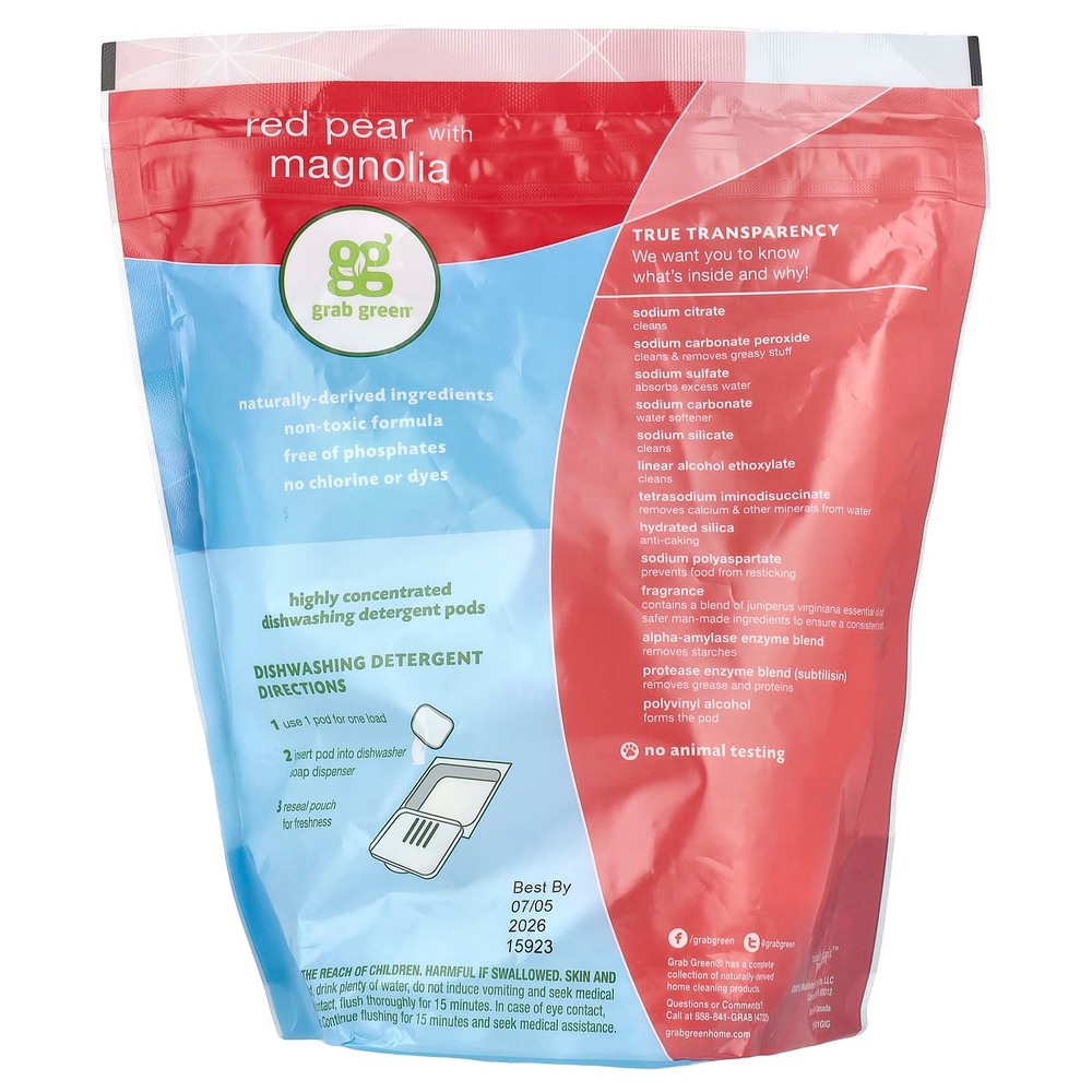 Grab Green, Капсулы со средством для автоматического мытья посуды, красная груша с магнолией, 60 порций, 1080 г (2 фунта 4 унции)