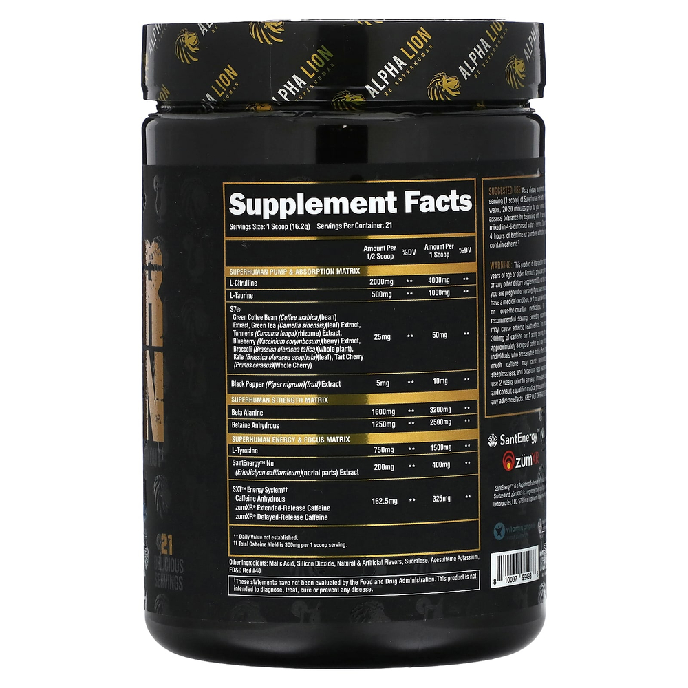 ALPHA LION, SuperHuman Pre, Miami Vice, пина-колада и клубничный дайкири, 342,3 г (12,07 унции)