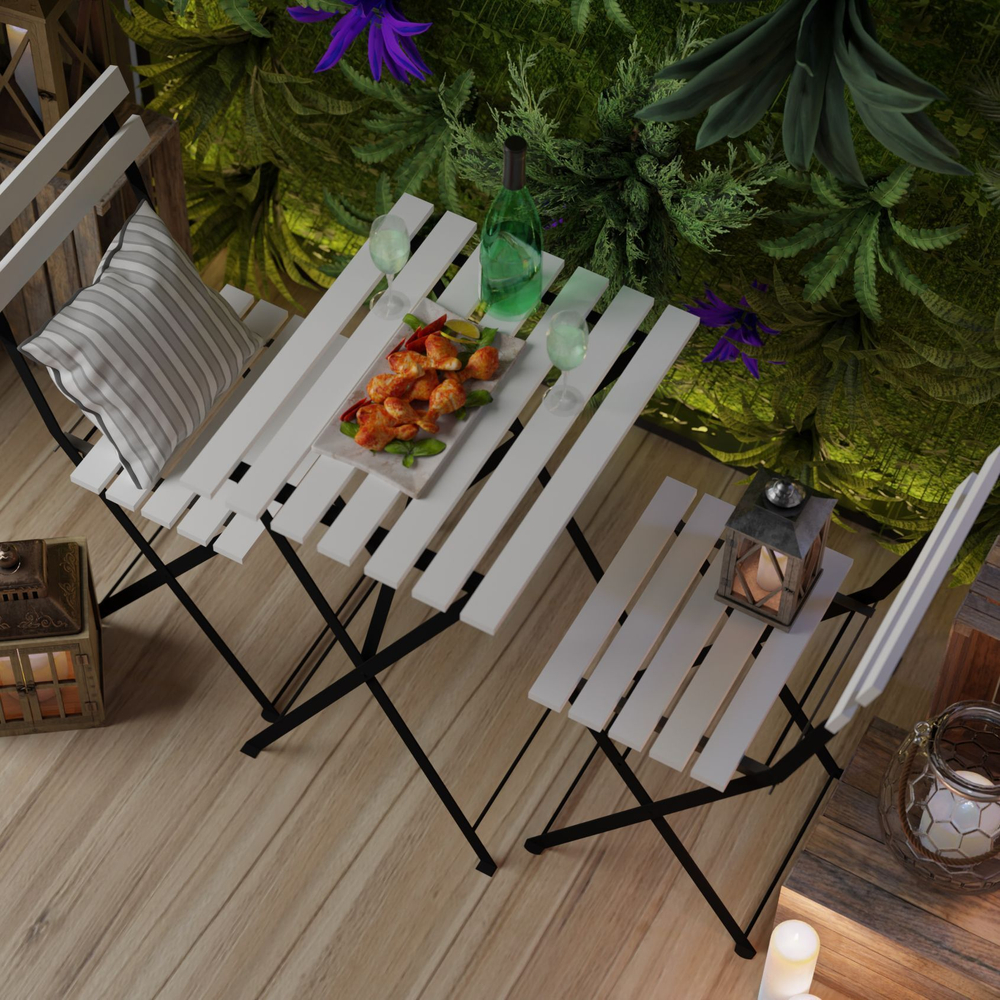 Комплект садовой мебели Тэрно из массива березы с нержавеющим стальным каркасом, складной стол и 2 складных стула для улицы дачи кафе, белый