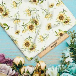 Ткань кулирная гладь подсолнухи на зеленом