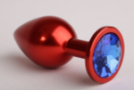 Красная анальная пробка с синим стразом - 7,6 см. (Цвет: синий)
