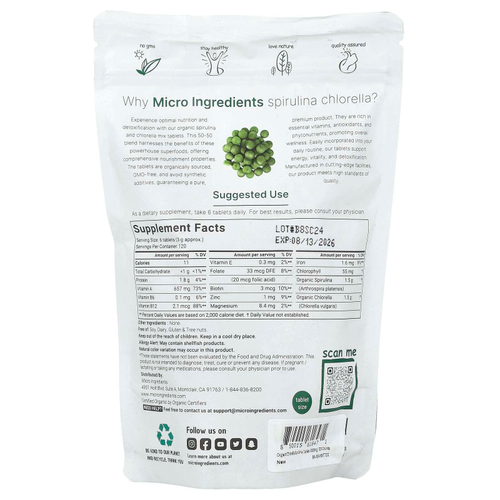 Micro Ingredients, Органическая спирулина и хлорелла, 720 таблеток