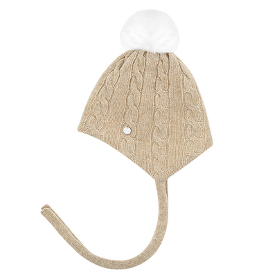 Шапочка утепленная на завязках с меховым помпоном (Бежевый)