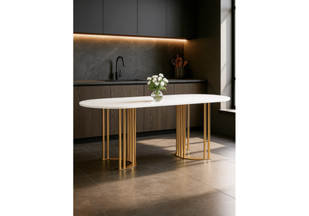 Стол деревянный Woodville Хьюго О 180 х 90 белая шагрень пленка, золотые ноги