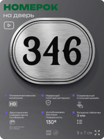Номерок на дверь квартиры 346, для кабинета, офиса, шильдик 9 х 7 см, брашированная сталь, Айдентика Технолоджи