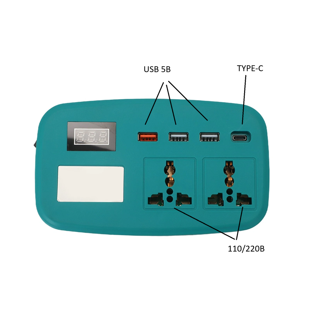 Портативный инвертор напряжения аккумуляторной батареи 18-21В в АС 220В с 3*USB + Type-C