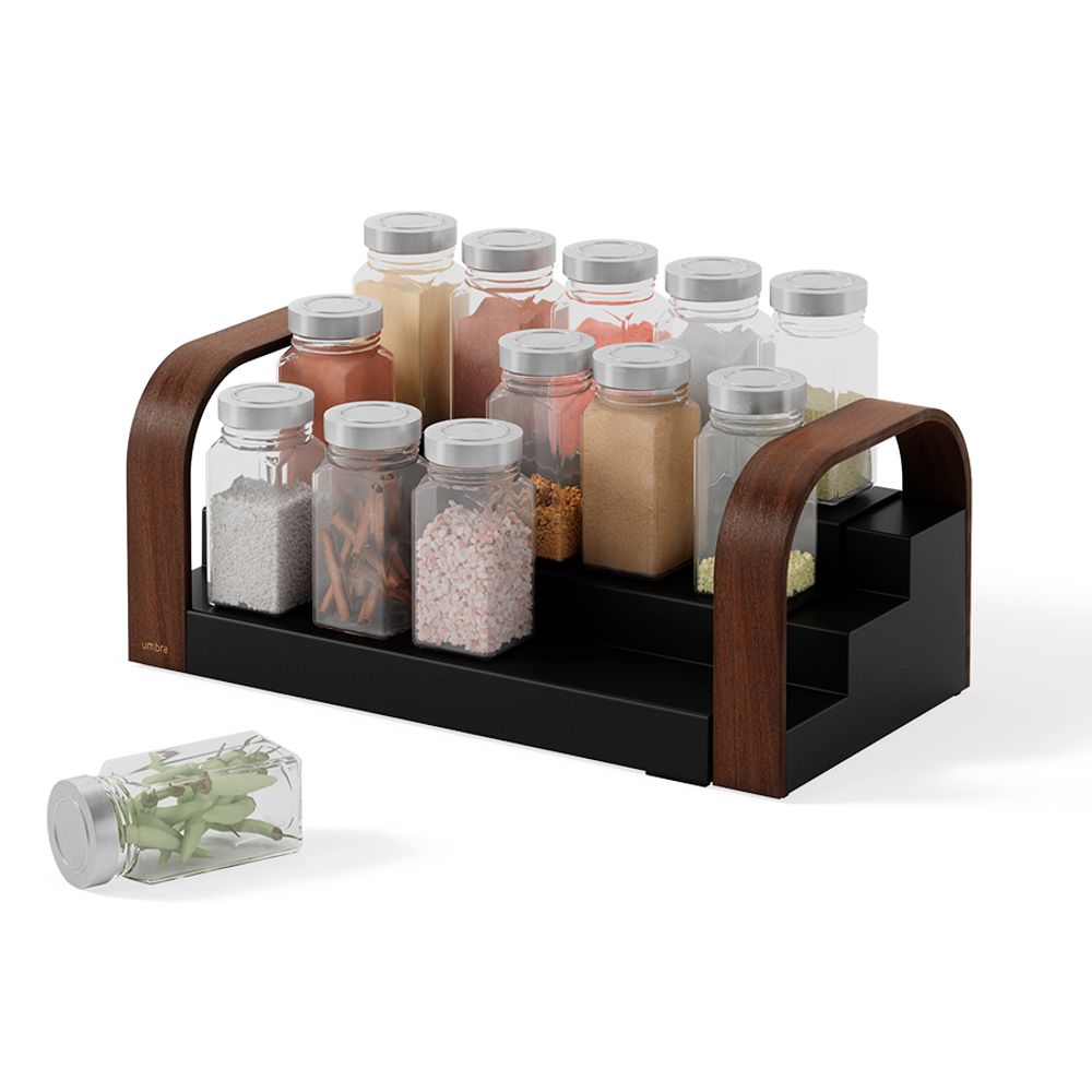 Полка для специй трехъярусная раздвижная Bellwood, черная/орех