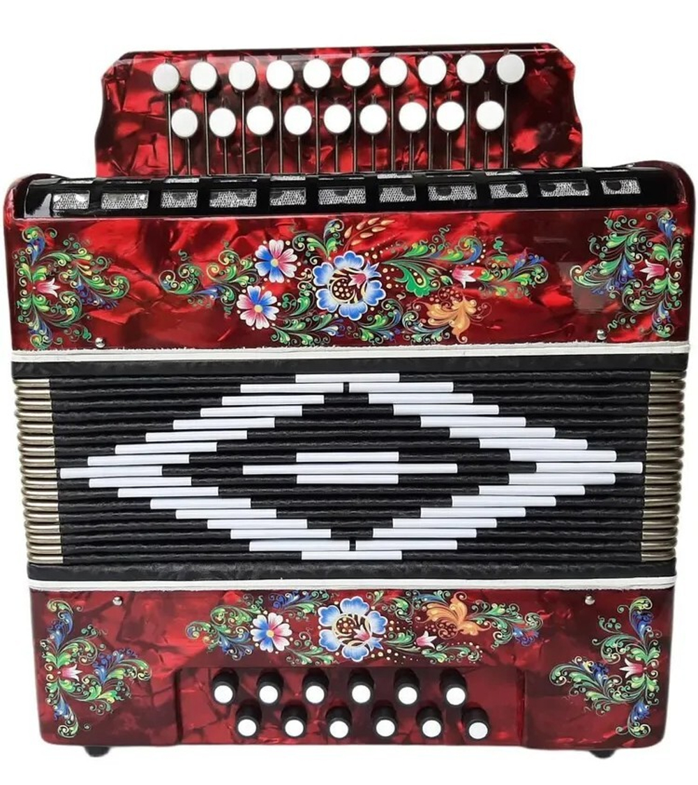 ГАРМОНЬ "ЧАЙКА" (S48ХL, 19х12), ЦВЕТ КРАСНЫЙ, РОСПИСЬ "ПАЛЕХ"