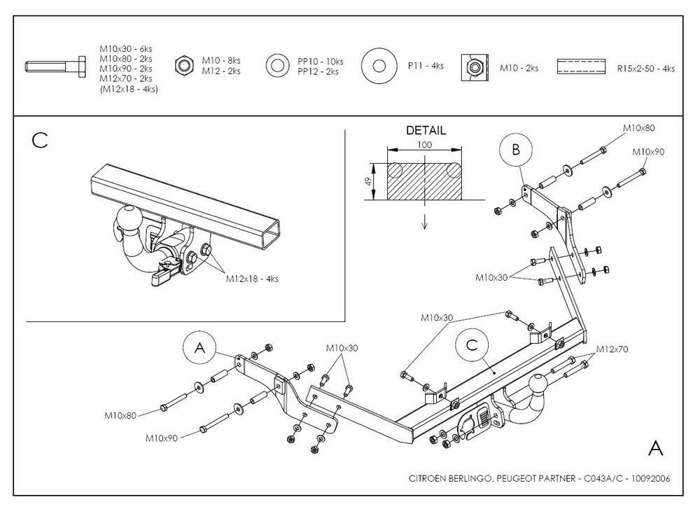 Фаркоп оцинкованный Galia C043A для Citroen Berlingo I 1996-2008, Berlingo First 2008-, Peugeot Partner I 1996-2008, Partner Origin 2008-(паспорт и сертификат в комплекте)(без электрики)