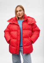 Пуховик Рокет миди красный в горох