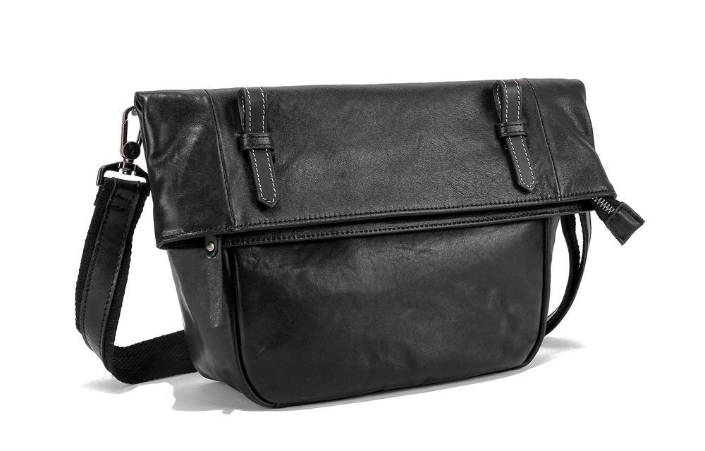 Ace Paul Vegetable Tanned Cow Leather Messenger Bag Fixed Gear Bike Shoulder Bag Crossbody Bag Large Size Unisex Black