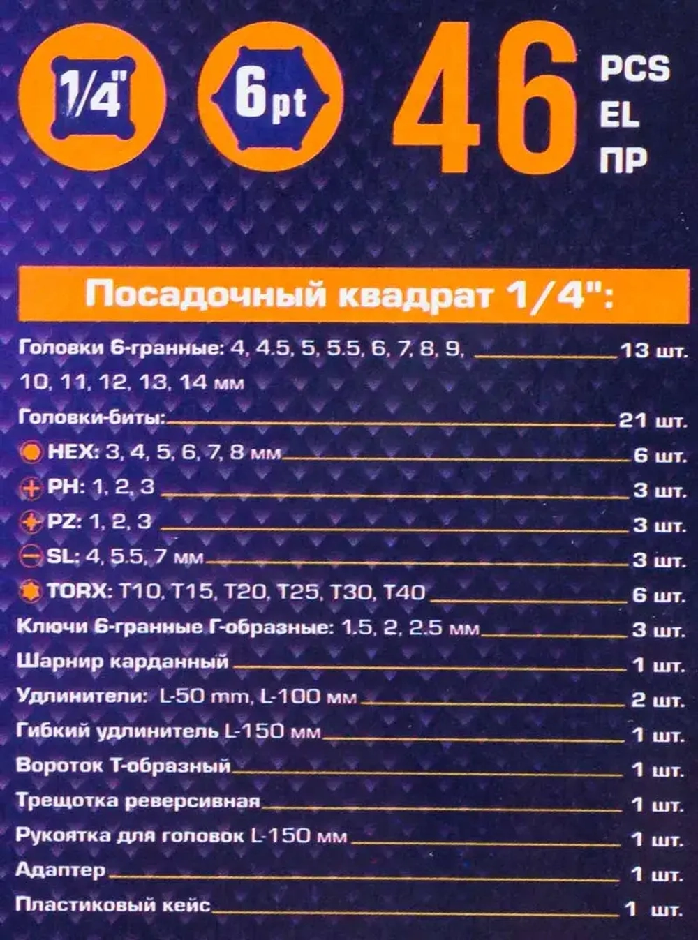 Набор инструмента 46пр. 1/4''(6-гран.)(4-14мм) MEGATOOLS MT-2462-46