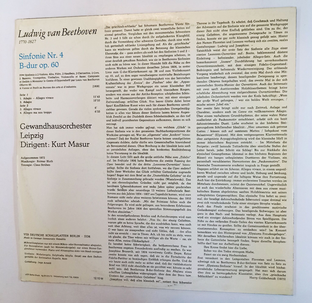 Винтажная виниловая пластинка LP L. V. Beethoven Бетховен Gewandhausorchester Leipzig , Dirigent: Kurt Masur Sinfonie Nr. 4 B Dur Op. 60 (ГДР 1975)