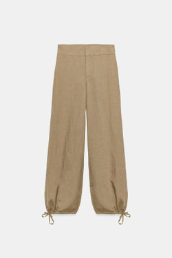 ZARA ЛЬНЯНЫЕ БРЮКИ С ШИРОКИМИ ШТАНИНАМИ И ШНУРКАМИ, ПЕСОЧНЫЙ