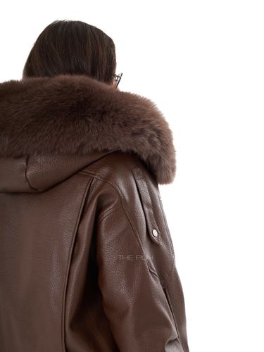 Шоколадный пуховик из эко-кожи с капюшоном