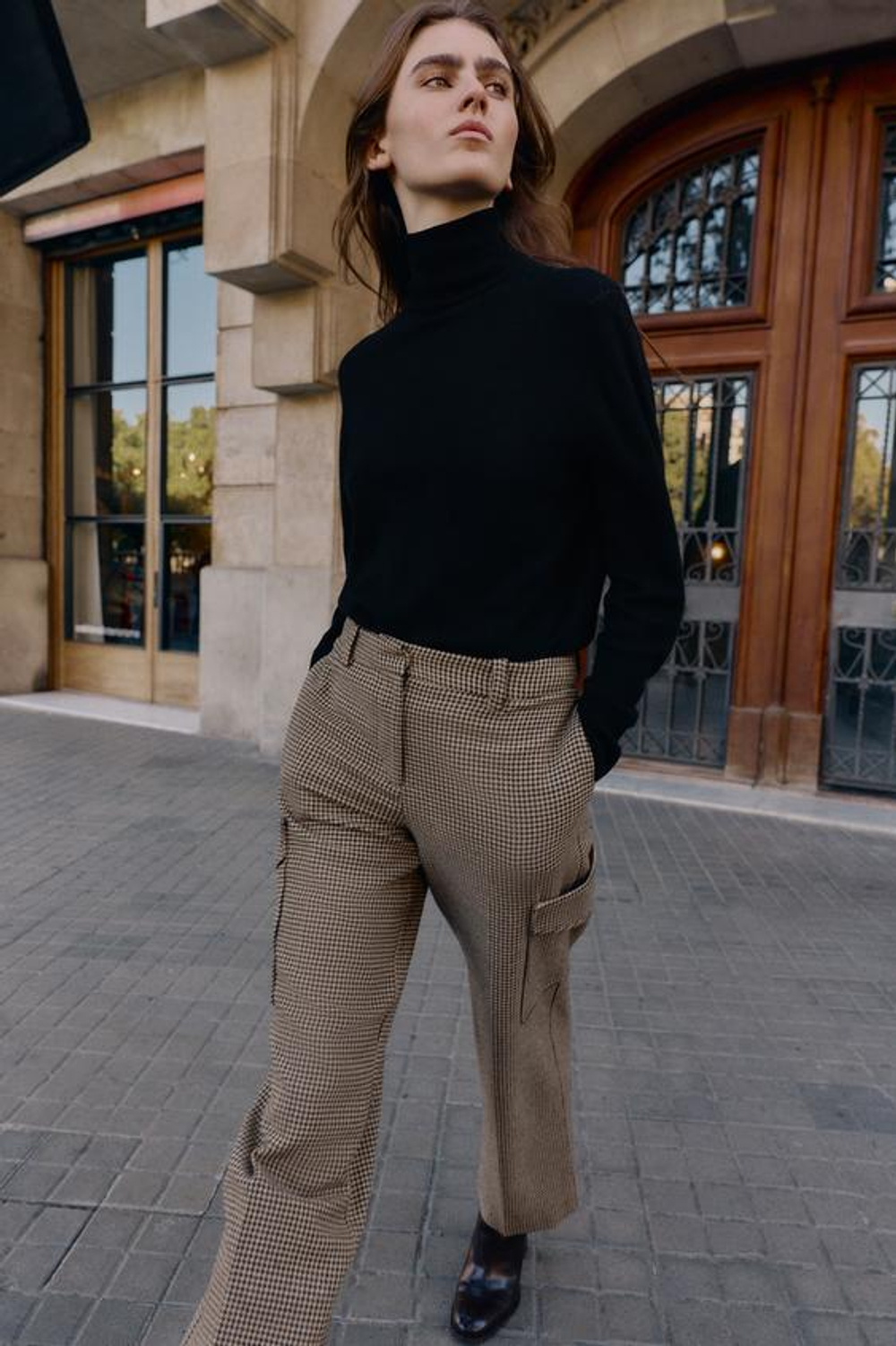 ZARA БРЮКИ КАРГО «ГУСИНАЯ ЛАПКА», ЧЕРНЫЙ/КОРИЧНЕВЫЙ