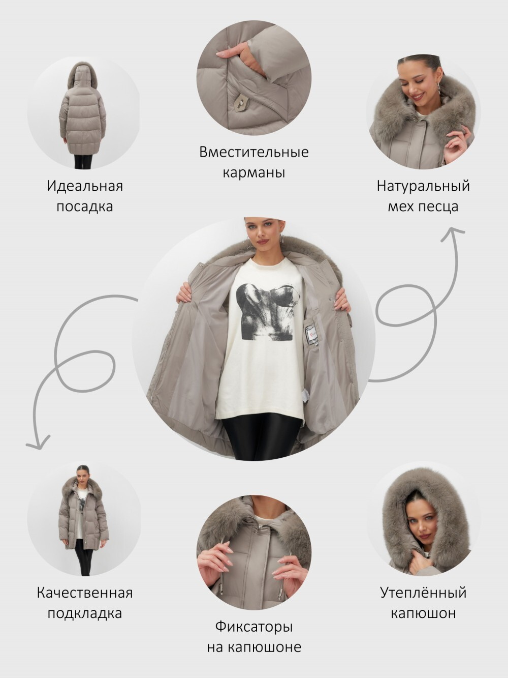 Куртка зимняя женская с мехом и капюшоном тренд коричневого цвета 7660K
