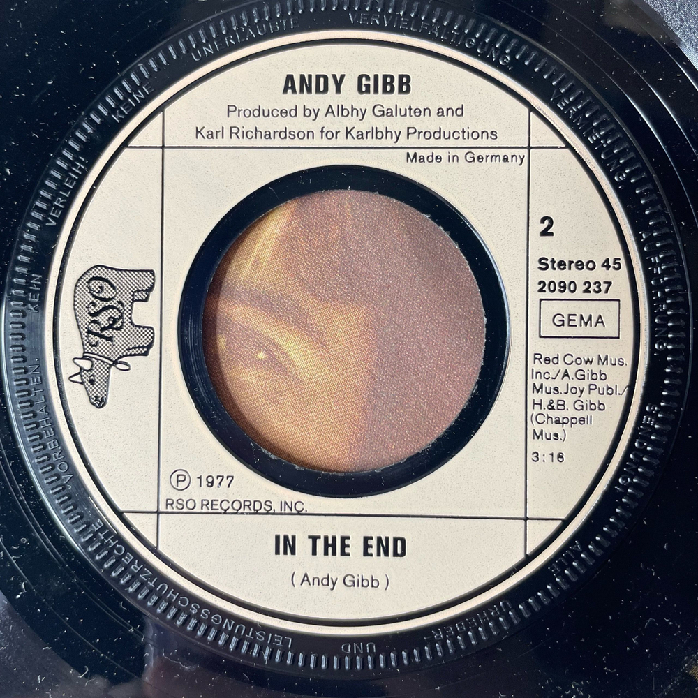 Винтажная виниловая пластинка 7 дюймов (маленькая пластинка) Andy Gibb, I Just Want To Be Your Everything / In The End (Germany 1977)