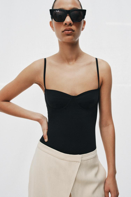 ZARA КРУЖЕВНОЕ БОДИ ИЗ ПОЛИАМИДА, ЧЕРНЫЙ