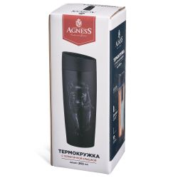 ТЕРМОКРУЖКА AGNESS "ЧЕРНАЯ ПАНТЕРА" С КНОПКОЙ-СТОППЕРОМ , 360МЛ КОЛБА НЕРЖ.СТАЛЬ 18/10