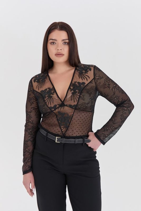 Лонгслив из сетки и кружева, черный