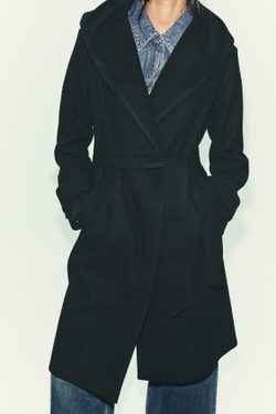 ZARA МЯГКОЕ ПАЛЬТО С КАПЮШОНОМ, ЧЕРНЫЙ