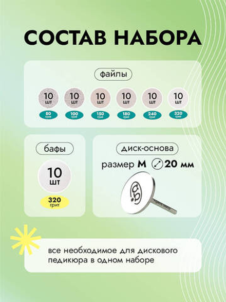 Стартовый набор сменных файлов с основой для дискового педикюра, размер M, 70 штук