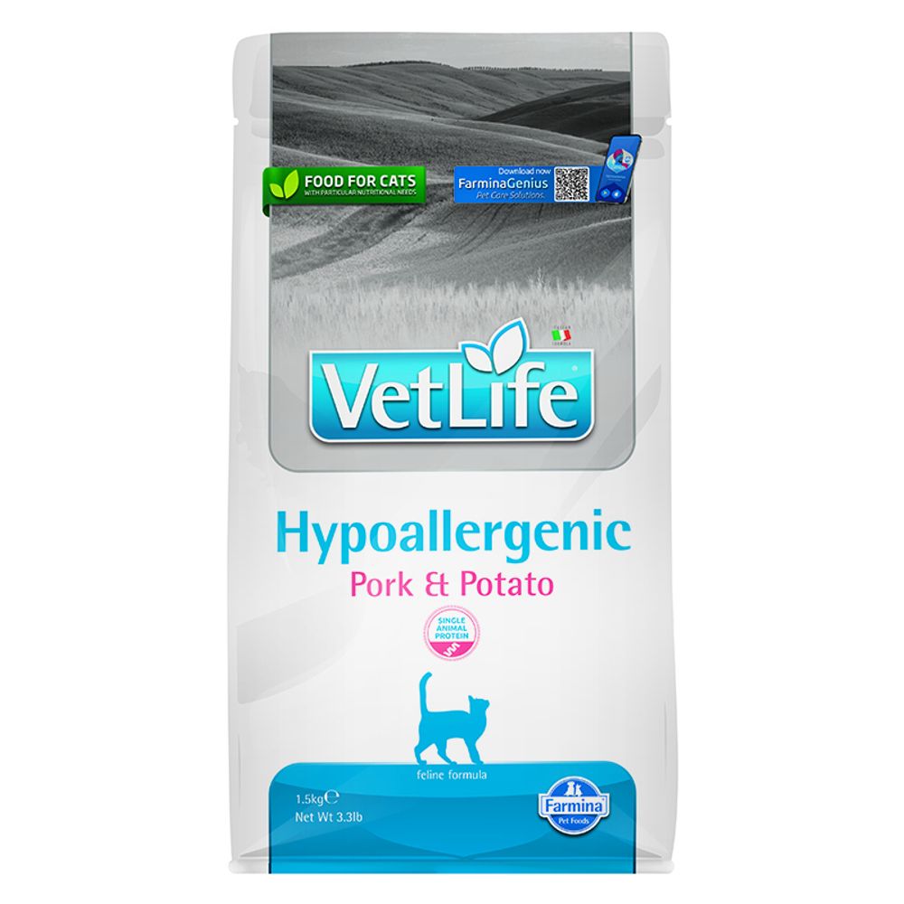 Сухой корм FARMINA Vet Life Hypoallergenic для кошек для взрослых кошек при пищевой аллергии, со свининой и картофелем - 1,5 кг