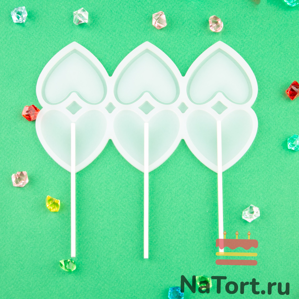 Силиконовая форма для леденцов «Сердечки погремушки 3 в 1»