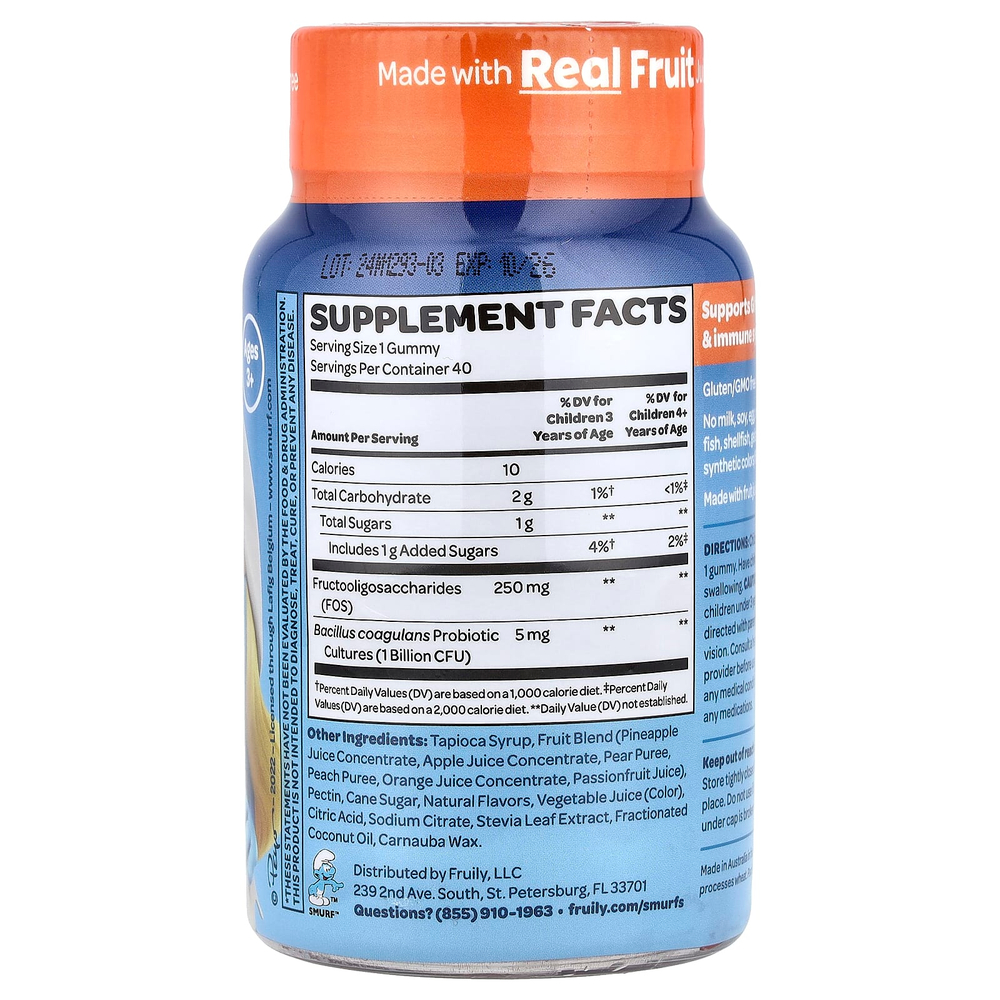 The Smurfs, жевательный пробиотик для пищеварения, для детей от 3 лет, ягодный вкус, 40 жевательных конфет