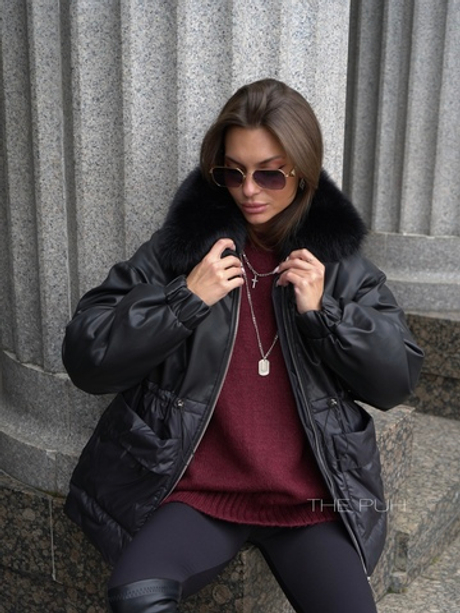 Комбинированный черный пуховик