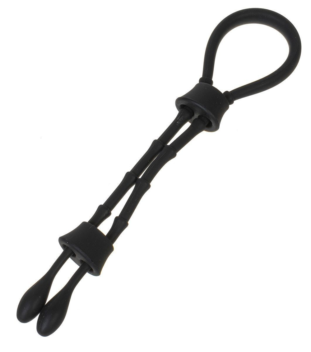 Черное эрекционное лассо с 2 зажимами для утяжки (Цвет: черный)