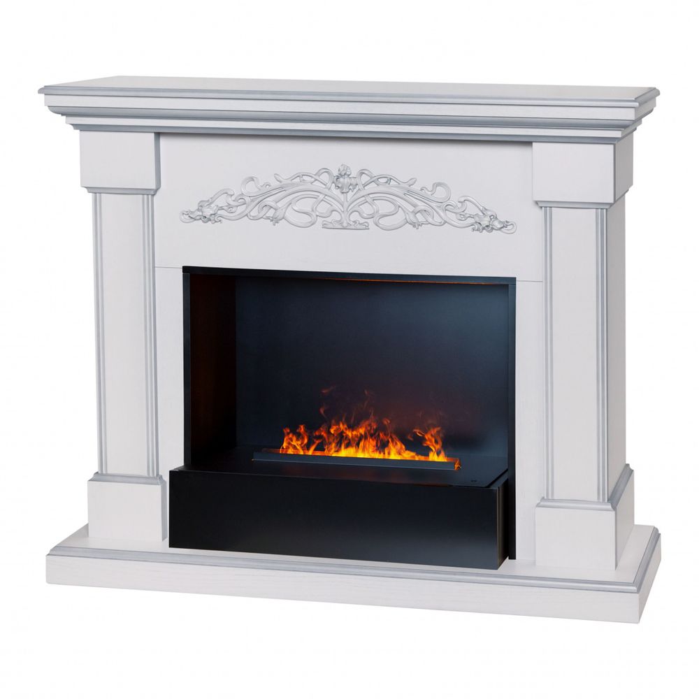 Электрокамин RealFlame Ofelia 26 WT дуб белый с серебряной патиной с очагом 3D Cassette 630 BLACK PANEL