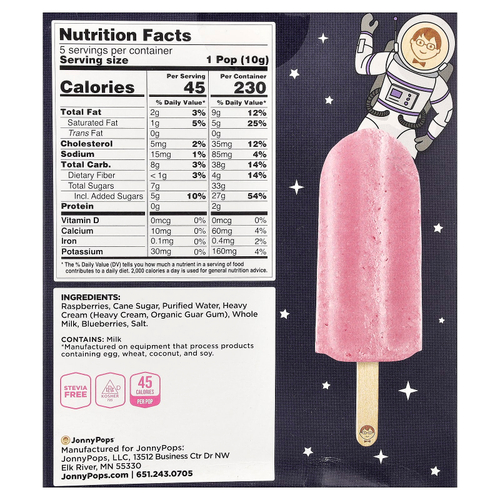 JonnyPops, сублимированные мини-печенья, малина, голубика и сливки, 5 леденцов по 10 г