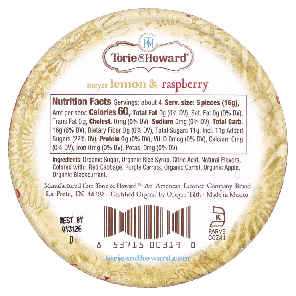 Torie & Howard, органические леденцы, лимон Мейера и малина, 57 г (2 унции)
